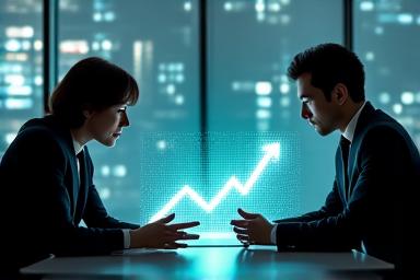 ビジネス戦略会議と成長グラフのイメージ